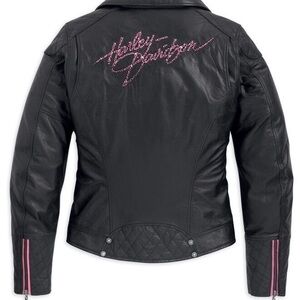 Harley-Davidson Women's Black Leather Jacket with Pink Swarovski Crystals